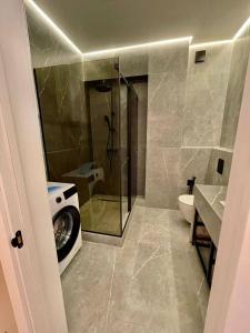 uma casa de banho com um chuveiro, um WC e um lavatório. em Designer apartment near the Gum shopping center em Bishkek