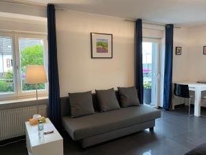 a living room with a couch and a table at Preiswertes stilvolles Zimmer im privaten Haus mit großem schönem modernem Gemeinschaft Badenzimmer in Lörrach