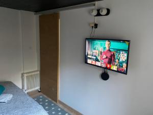 TV de pantalla plana colgada en la pared en Bel appartement cosy centre Veules-Les-Roses Parking privé WIFi, en Veules-les-Roses