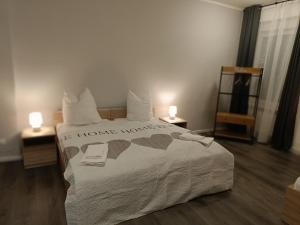 1 dormitorio con 1 cama grande y 2 lámparas en City-Apartment Schöneweide, en Berlín