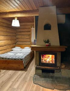 una habitación con estufa de leña en una cabaña en Wilcza Jama - domki z bali en Lutowiska