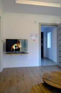 a living room with a fireplace on the wall at Leśna Muzyka Apartment Limanowa in Limanowa