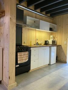 a kitchen with white cabinets and a black stove at Galpon de Burgos - SalePatagonia in San Martín de los Andes