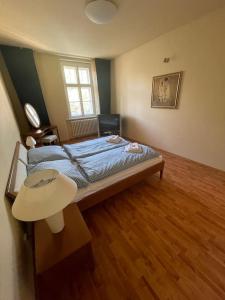 a bedroom with a bed and a wooden floor at Huge two floor apartment on the Park Colonnade with free parking for one car, 160 sqm in Karlovy Vary