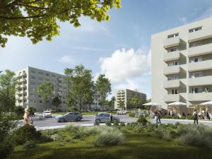 a rendering of a parking lot with cars and buildings at SkyNest A204 in Bratislava