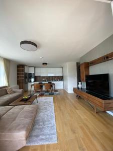 a large living room with a couch and a television at Your River Walk - Ilidza in Sarajevo