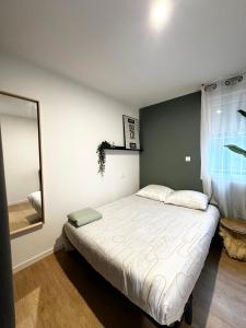 a bedroom with a bed with a mirror and a window at Appartement Port Marianne/Arenes in Montpellier