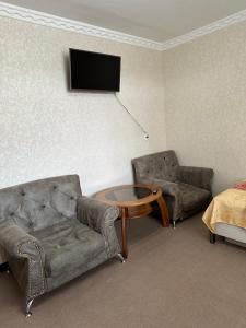 uma sala de estar com um sofá e uma cadeira e uma televisão em Guest house "NIKA", Nukus em Nukus
