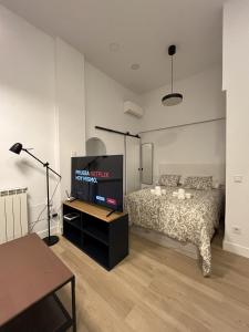 a bedroom with a bed and a flat screen tv at Moratalaz Apartments in Madrid