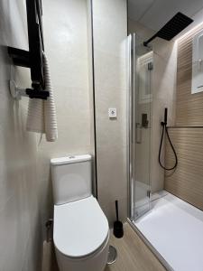 La petite salle de bains est pourvue d'une douche et de toilettes. dans l'établissement Moratalaz Apartments, à Madrid