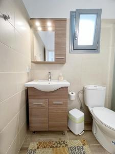 a bathroom with a sink and a toilet and a window at Sorokos House in Dhragoulás +50 photos