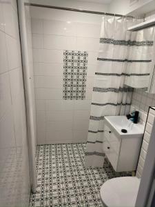 ein Bad mit einer Dusche, einem WC und einem Waschbecken in der Unterkunft Apartament nad Wdą in Świecie