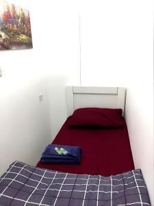 1 dormitorio pequeño con 1 cama con colchón rojo en Heart of Abu Dhabi - Pearl Room, en Abu Dabi