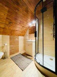 La salle de bains est pourvue d'une douche, d'une baignoire et d'un lavabo. dans l'établissement Bacówka u Bobika, à Waksmund