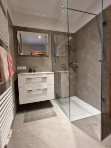 een badkamer met een douche en een wastafel bij Kachelofenwohnung Pölzleitner in Annaberg im Lammertal