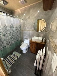 a bathroom with a toilet and a sink and a mirror at Apartamento Villa in Villarreal