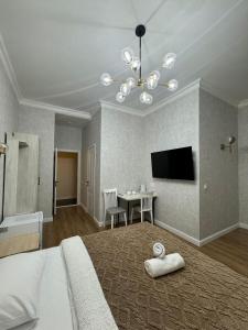 1 dormitorio con 1 cama, TV y mesa en Rose Art hotel, en Astana