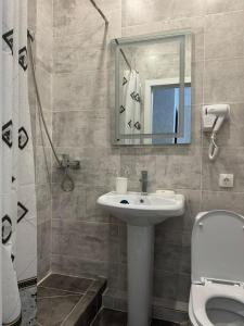 a bathroom with a sink and a mirror and a toilet at Rose Art hotel in Astana