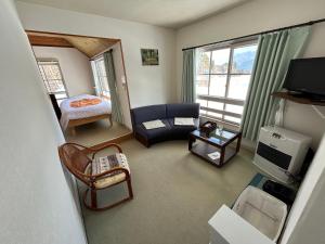 sala de estar con sillón y TV en Hakuba Snow Fox en Hakuba