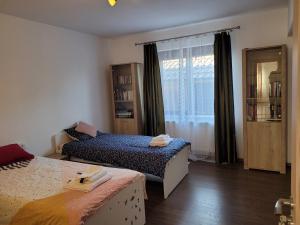 a small bedroom with two beds and a window at Jardin Maison - Therme- self access in Baloteşti