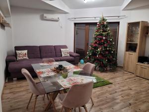 a living room with a christmas tree and a couch at Jardin Maison - Therme- self access in Baloteşti