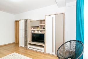 a living room with a tv and a mirror at Apartament Central in Craiova