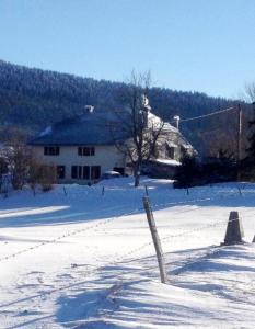 una casa en un campo cubierto de nieve con una valla en Gîte du Grand Cher en Les Rousses