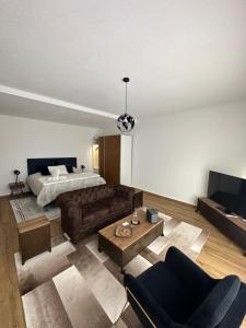 - un salon avec un lit et un canapé dans l'établissement Magnificent apartment, Geneva Center, Geneva Lake, à Genève
