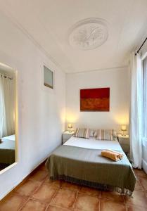 um quarto com uma cama e um espelho em Cozy Ploblesec Apartment em Barcelona