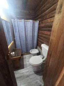 y baño con aseo y cortina de ducha. en Cabañas Pampa y Río San Clemente 1 en San Clemente