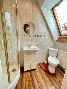 a bathroom with a toilet and a sink and a shower at Orlik by Good Spot in Duszniki Zdrój