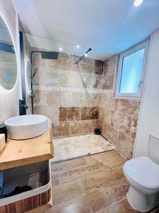 ein Bad mit einer Dusche, einem WC und einem Waschbecken in der Unterkunft Maison Aveny Spa 