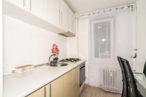 cocina con armarios blancos, fregadero y ventana en Apartament Brazda - Rendez Vous, en Craiova
