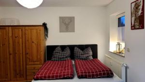 a bedroom with two red pillows on a bed at Wohlfühl-Ferienwohnung mit Tiefgarage im Grünen in Oberhof