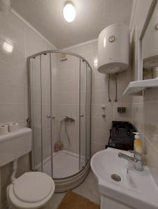 een badkamer met een douche, een toilet en een wastafel bij Starlux apartment in Mostar
