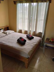 een slaapkamer met een bed met 2 kussens erop bij House in Cuajiniquil ,Belen de nosarita in Cuajiniquil