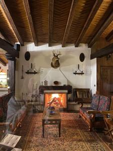 Villa del Lago في باتزكوارو: غرفة معيشة مع موقد وطاولة