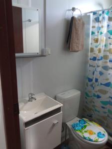 uma casa de banho com um WC, um lavatório e um chuveiro em Nuestro sueño 2 em Colônia do Sacramento