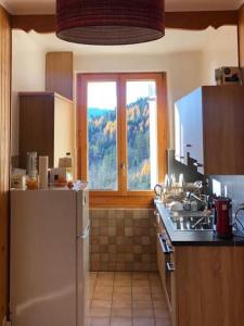 a kitchen with a white refrigerator and a window at NOUVEAU! Dans résidence Alexandra House in Leysin