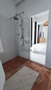 a bedroom with a shower and a bed and a mirror at Maison Charmeilles - Le studio Canon de Fronsac in Fronsac