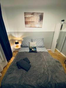 een slaapkamer met een groot bed met blauwe kussens bij ClickTheFlat Karmelicka Apart Rooms in Warschau