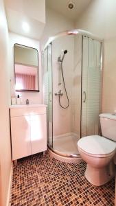 a bathroom with a shower and a toilet and a sink at Casa da Maria Reguila in Porto