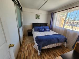 a bedroom with a bed with blue pillows and a window at HOSTAL SOL ATACAMA -CALDERA in Caldera