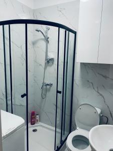 W łazience znajduje się prysznic, toaleta i umywalka. w obiekcie ClickTheFlat Karmelicka Apart Rooms w Warszawie