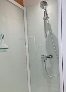 een douche met een douchekop in de badkamer bij Gîte Clémathite in Confolens