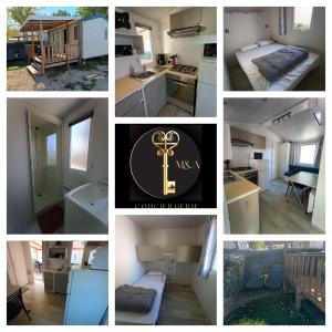 a collage of photos of a kitchen and a house at camping 4 étoiles SIBLU Les sables du midi in Valras-Plage