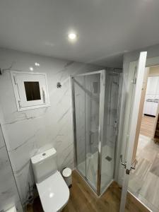 a bathroom with a toilet and a glass shower at Apartamento las OLAS playa de levante in Benidorm +16 photos