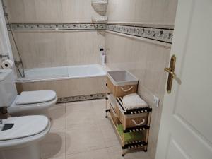 a bathroom with a toilet and a tub and a sink at Apartamento con PARKING PRIVADO GRATIS INCLUIDO in Córdoba