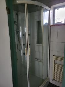 een douche met een glazen deur in de badkamer bij Vakantiehuis Het Loar - Rust en Natuur in Vaassen