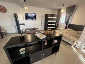 sala de estar con cómoda negra y cama en Copou lângă Parhon IRO Stadion, en Iaşi